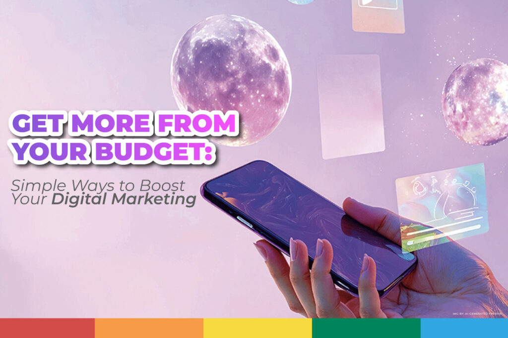Person holding a smartphone with floating digital graphics and glowing orbs, symbolizing creative and budget-friendly digital marketing strategies.