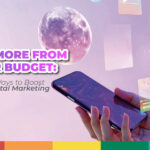 Person holding a smartphone with floating digital graphics and glowing orbs, symbolizing creative and budget-friendly digital marketing strategies.