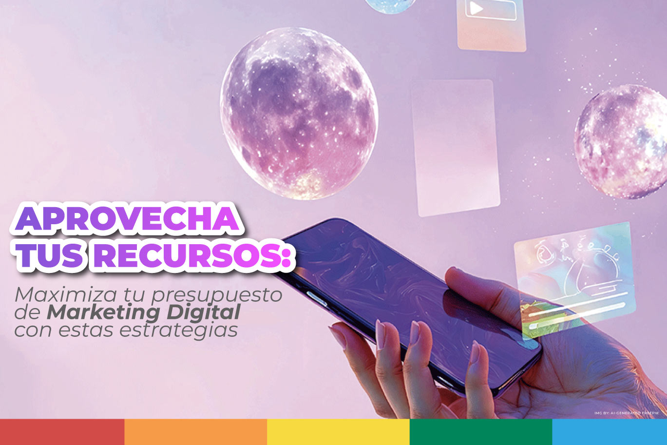 Persona sosteniendo un smartphone con elementos digitales flotantes y un fondo futurista, que representa estrategias de marketing digital accesibles.