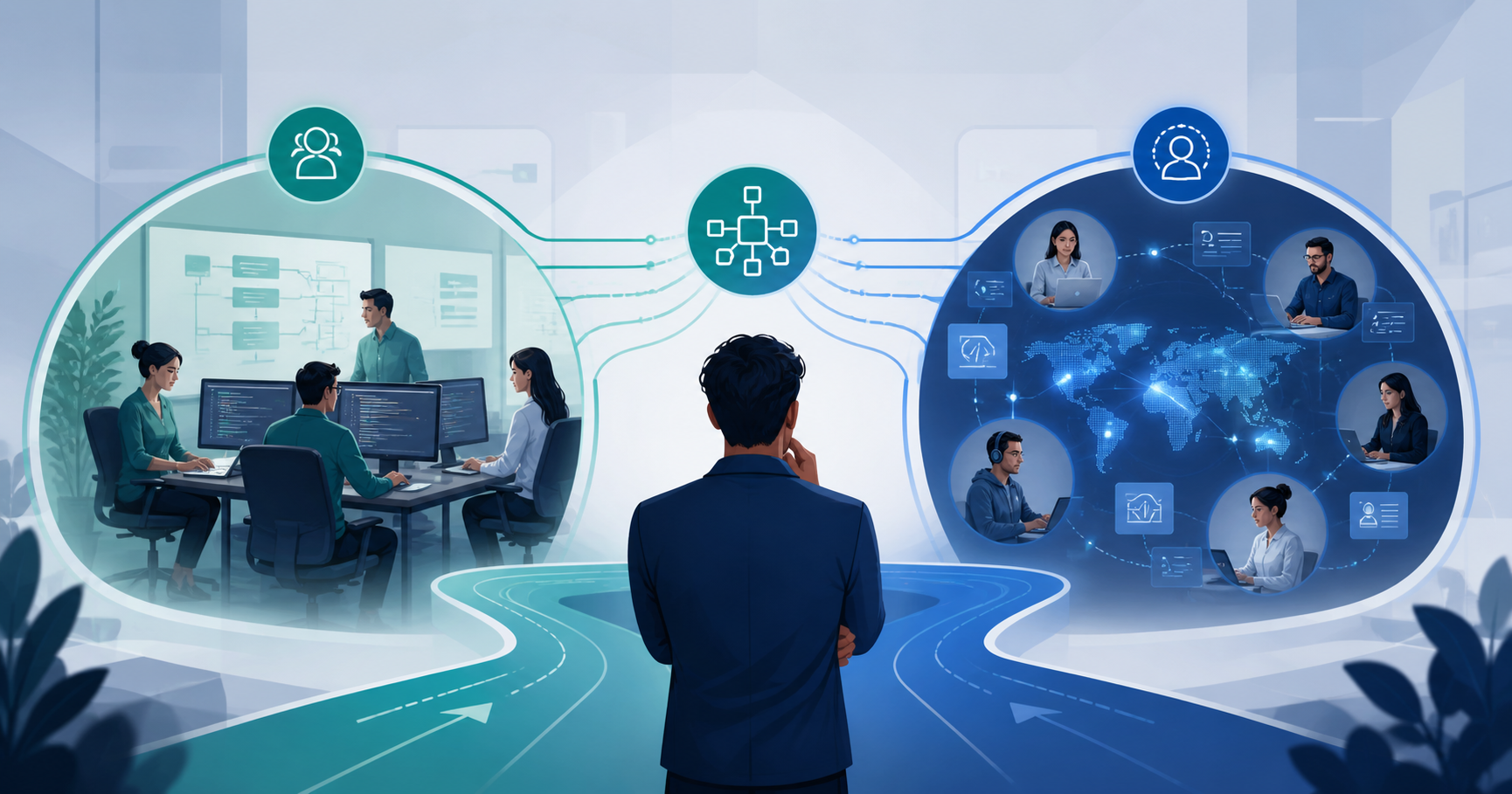 Technology leader comparing staff augmentation with in-house hiring to scale an engineering team